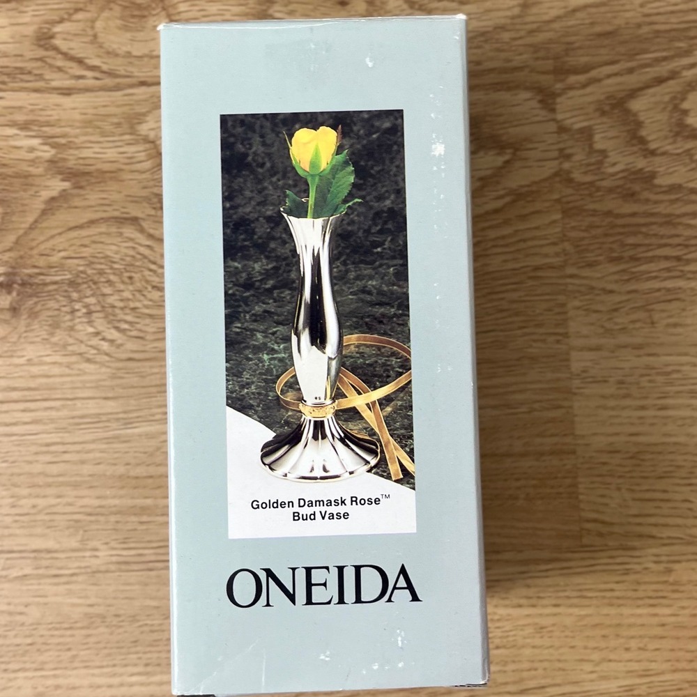Vintage Oneida Golden Damask Rose Fluted Bud Vase 7" Silverplate Gold Trim Japan